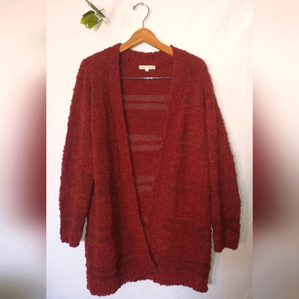 Mesh + Lace Cozy Red Open-Front Fall Autumn Cardigan Sweater Large